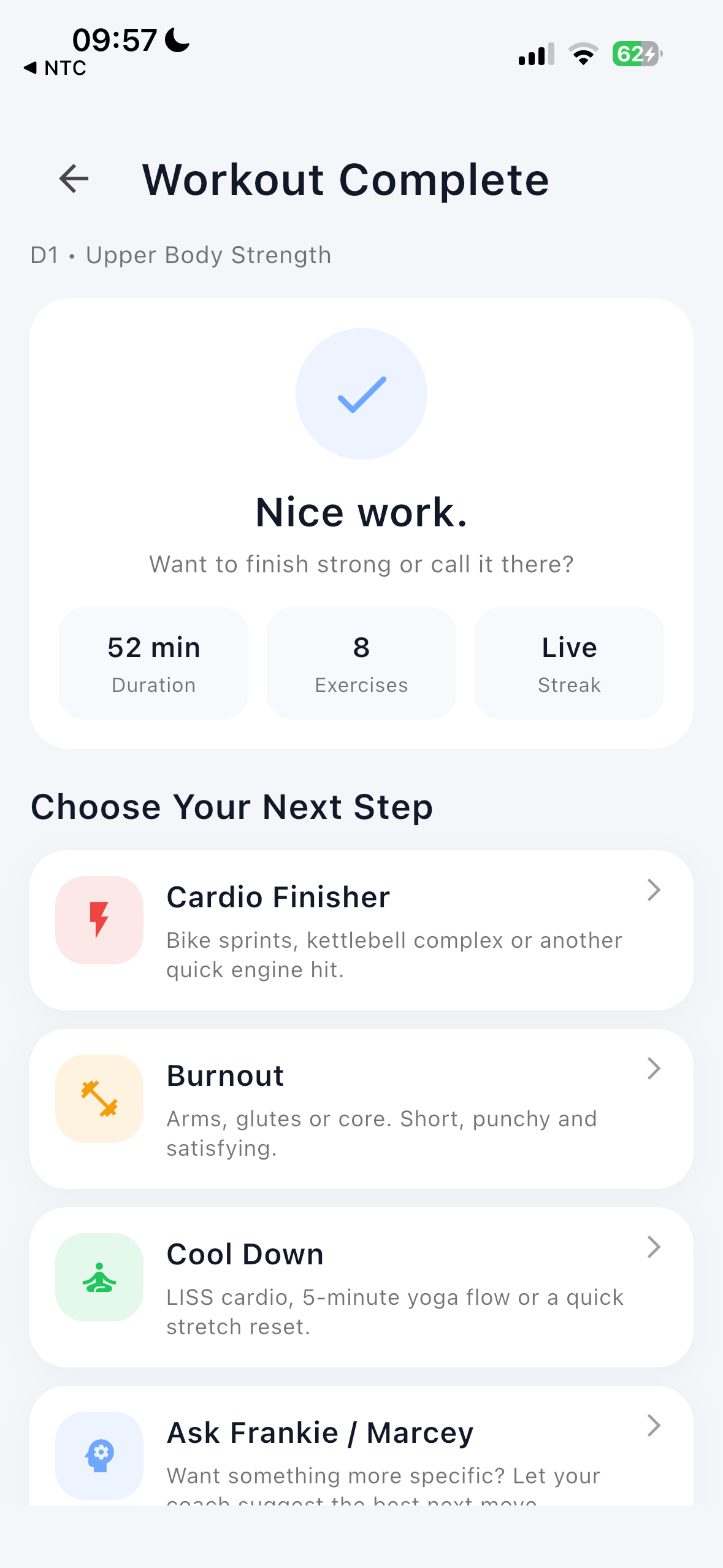 Post-workout screen with AI next step options