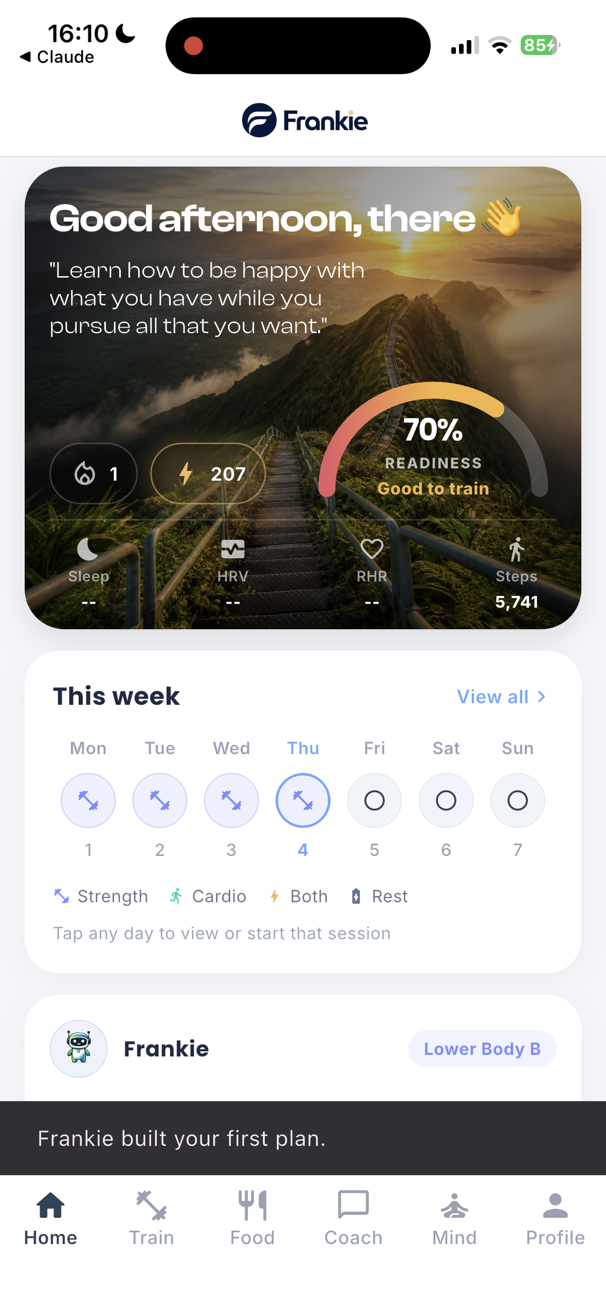 PocketPT home screen showing readiness score and weekly training plan