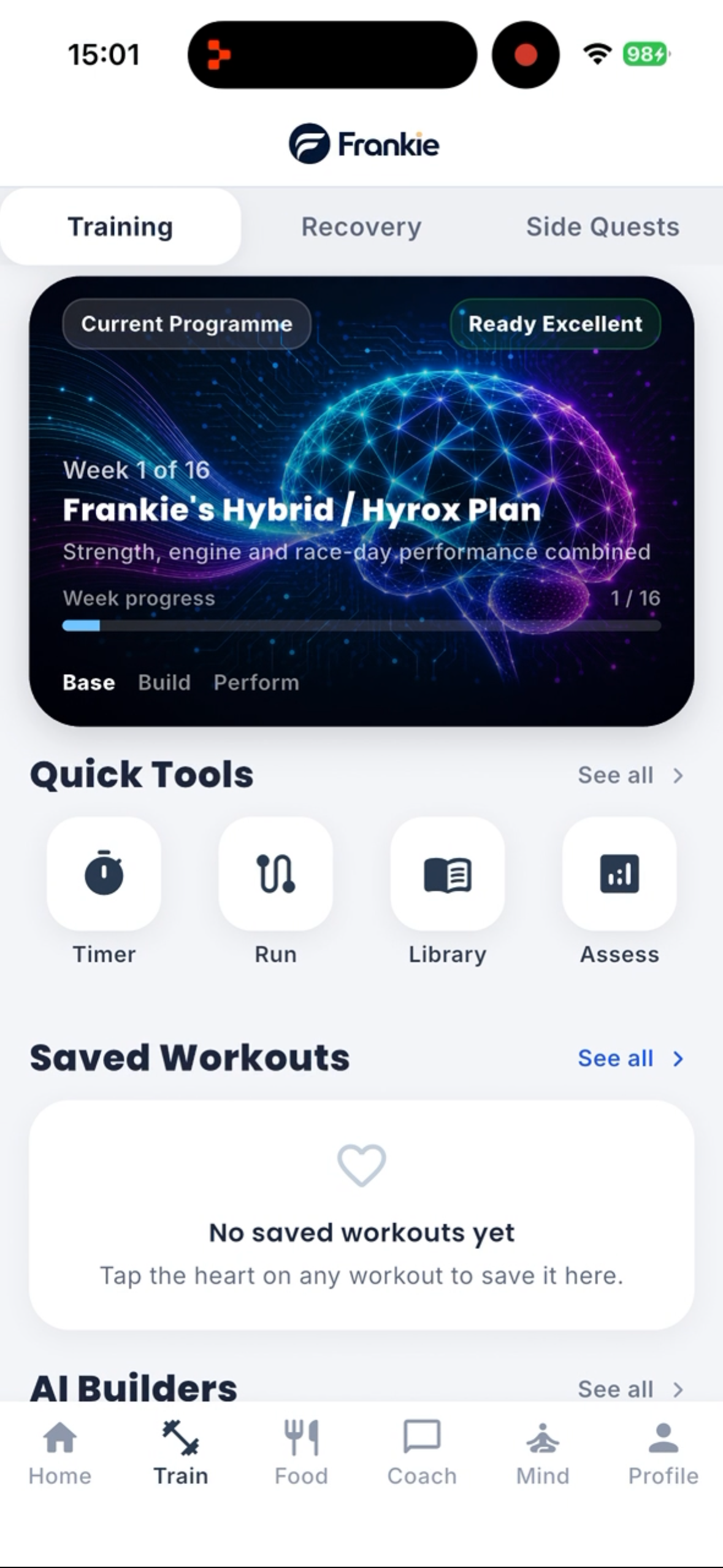 Training tab showing personalised programme